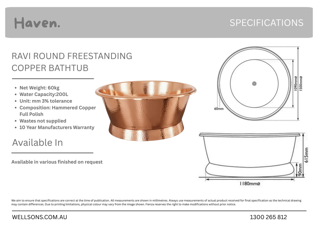 Ravi Genuine Antique Copper Freestanding Round Wall Bathtub