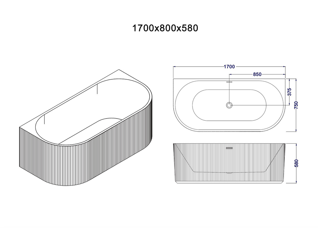 Rosely Fluted Back To Wall Bathtub Matte White