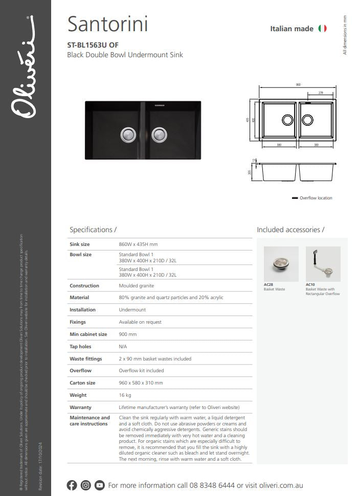 Oliveri Santorini Black Double Bowl Undermount Sink with Overflow