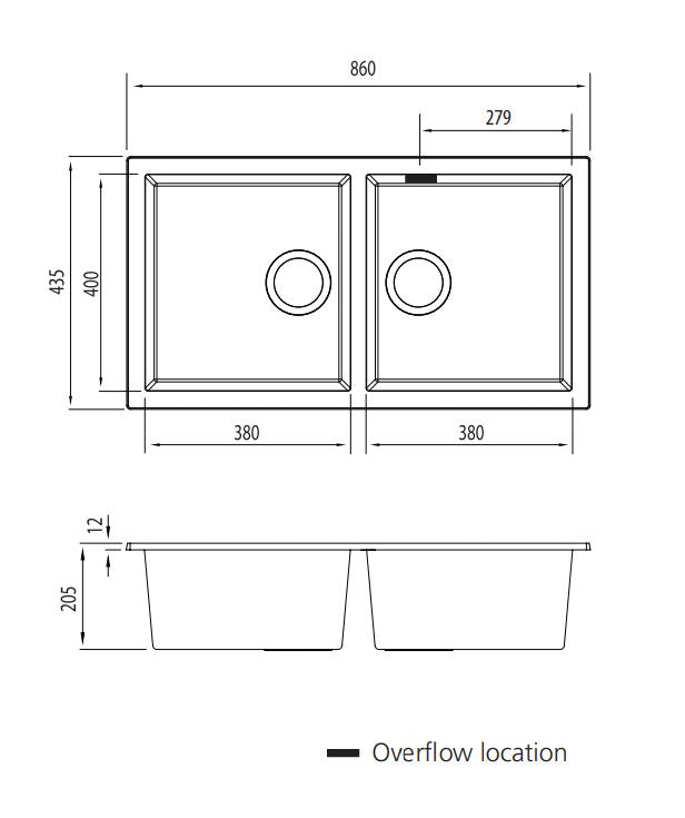 Oliveri Santorini Black Double Bowl Undermount Sink with Overflow