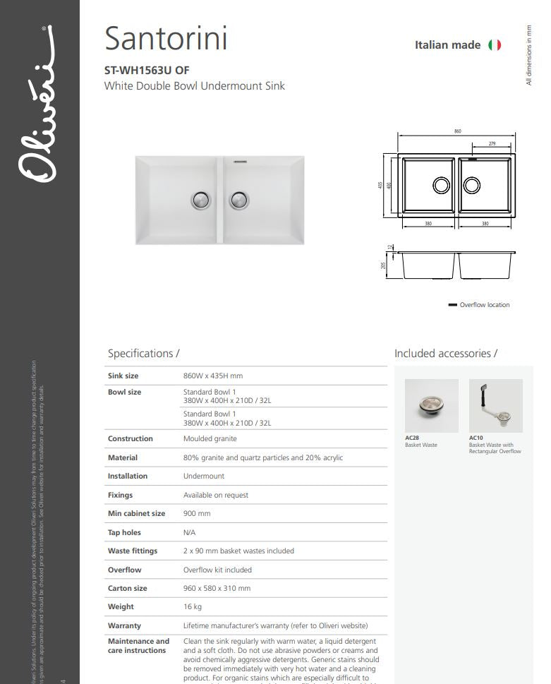 Oliveri Santorini White Double Bowl Undermount Sink with Overflow