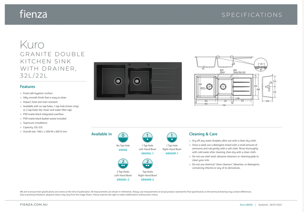Fienza Kuro Granite 32L/14L Double Kitchen Sink With Drainer Matte Black