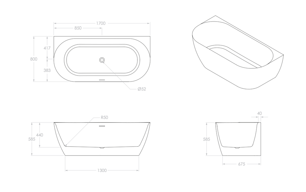 ADP Glacier Back To Wall Bath 1700mm - Gloss White