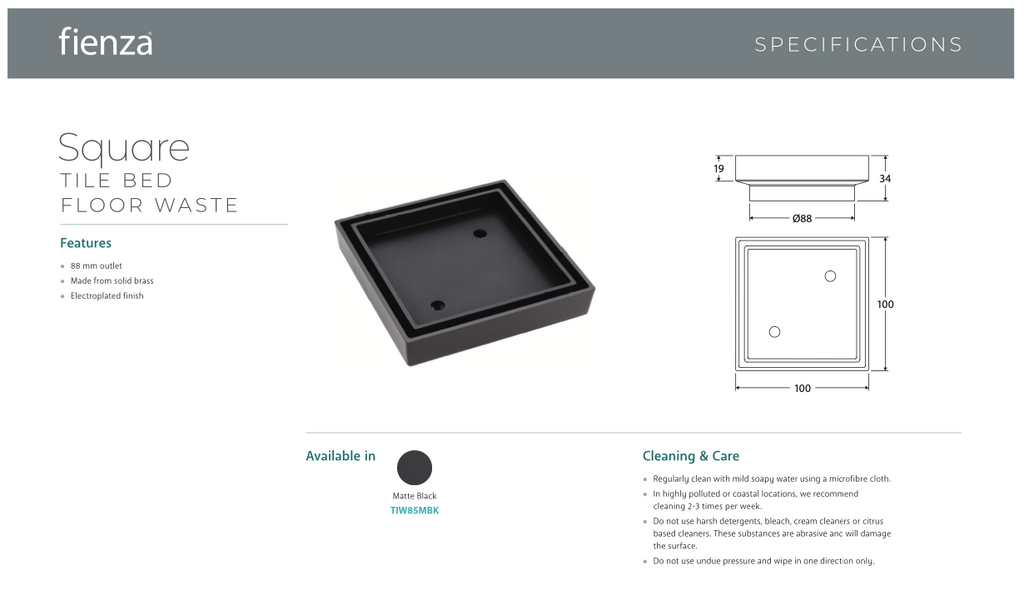 Fienza Square Tile Bed Floor Waste 88mm - Matte Black