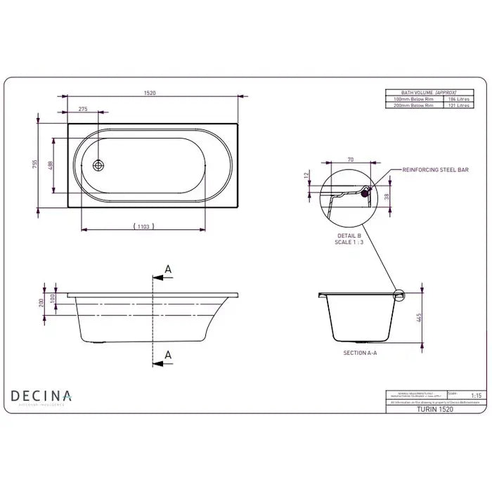 Decina Turin Inset Bath 1510/1665/1790mm - Gloss White