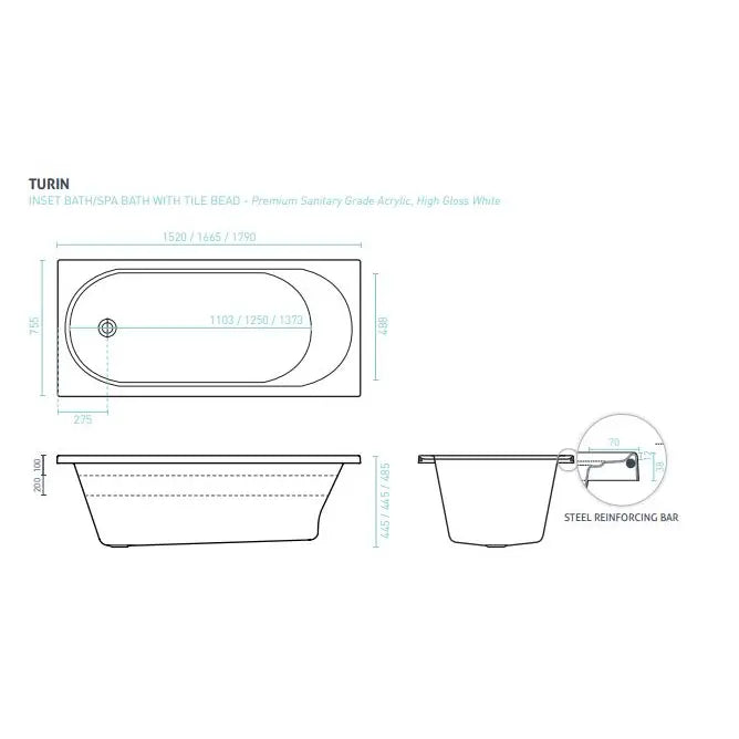 Decina Turin Inset Bath 1510/1665/1790mm - Gloss White