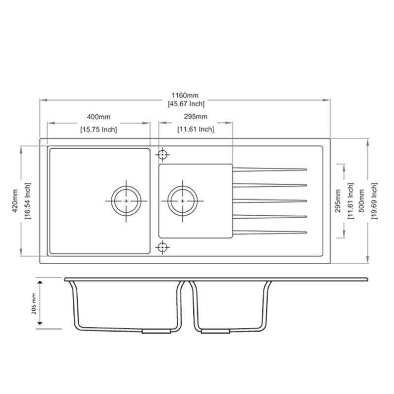 Granite 1160x500mm 1 & 1/2 Bowl Kitchen Sink - Concrete Grey