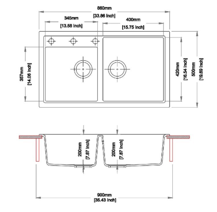Granite 860x500x200mm 1 & 3/4 Bowl Kitchen Sink - Concrete Grey