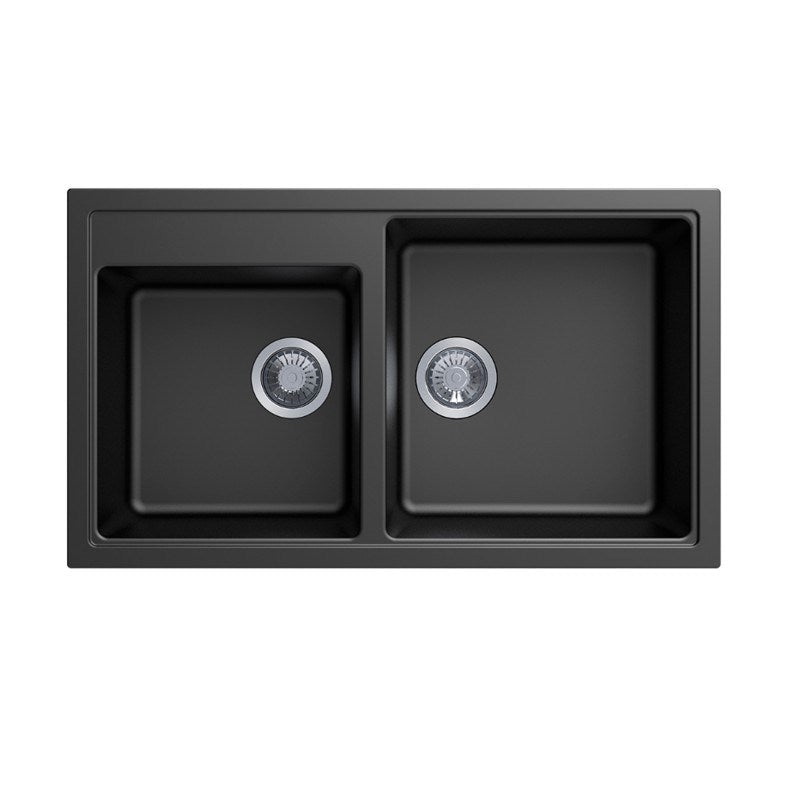 Granite 860x500x200mm 1 & 3/4 Bowl Kitchen Sink - Black