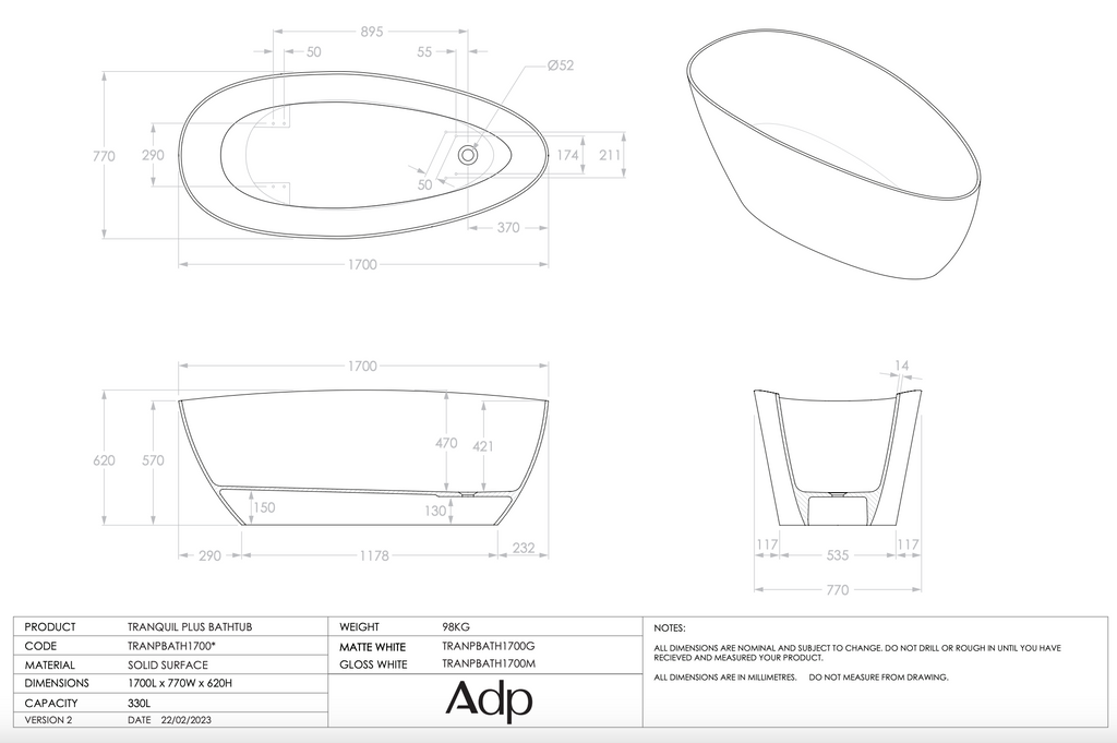 ADP Tranquil Plus Freestanding Bath 1700mm