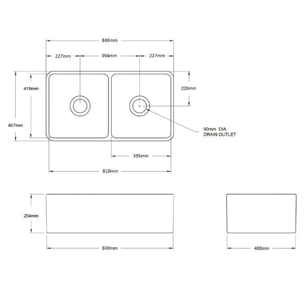 Turner Hastings Novi 85x46 Double Bowl Fireclay Butler Sink - Gloss White