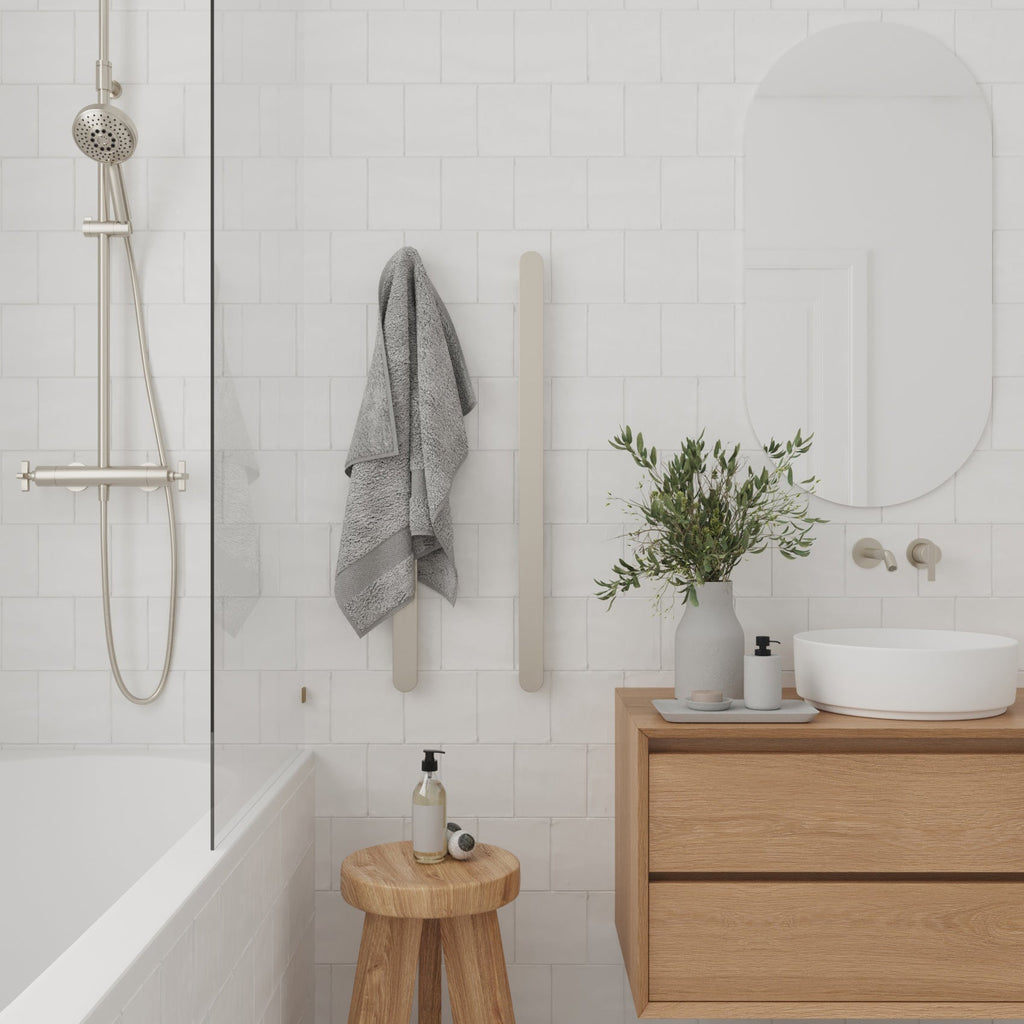 Thermogroup 12V Flat Pill Single Bar Vertical Heated Towel Rail - Brushed Stainless