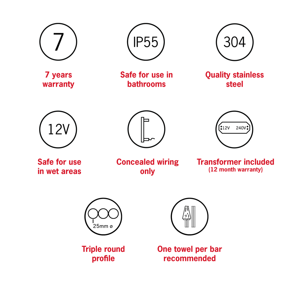 Thermogroup Triple Tube Vertical Single Heated Towel Rail - Matte Black