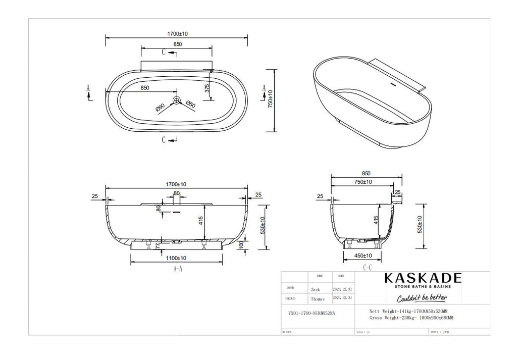 Kaskade Abbey Freestanding Back-to-Wall Stone Bath - Matte White