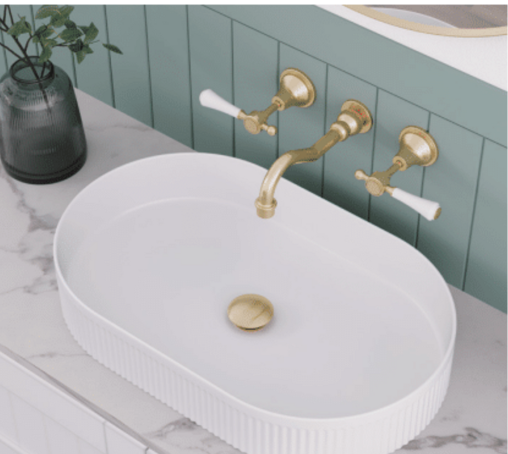 Fienza Lillian Lever Basin Bath Wall Set - Urban Brass with Ceramic White Handles