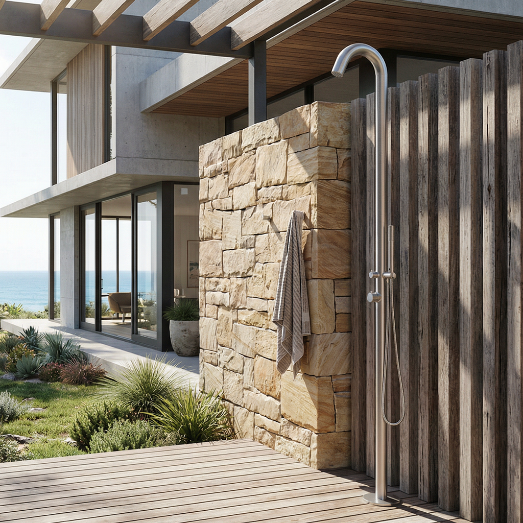Haven Freestanding Outdoor Shower Kit 316 Hydro Jet Stainless Steel Lead Free