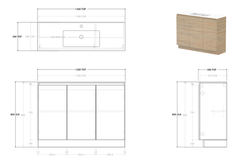 ADP Glacier Ensuite All Door Trio Floor Mounted Vanity - Lite