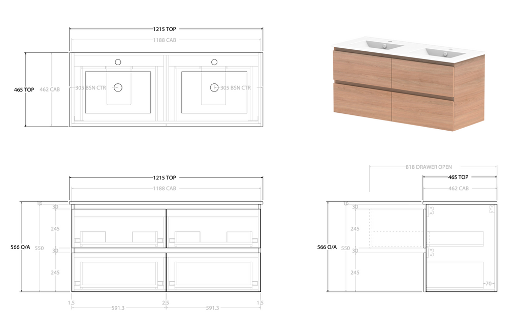 ADP Glacier All Drawer Twin Wall Hung Vanity - Lite
