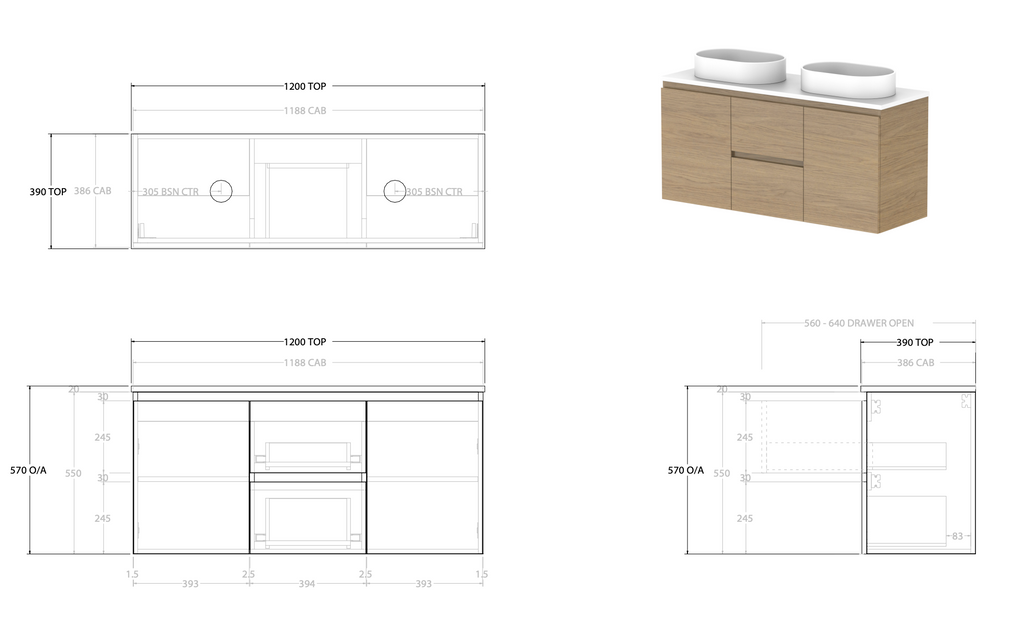 ADP Glacier Ensuite Door & Drawer Twin Wall Hung Vanity - Lite