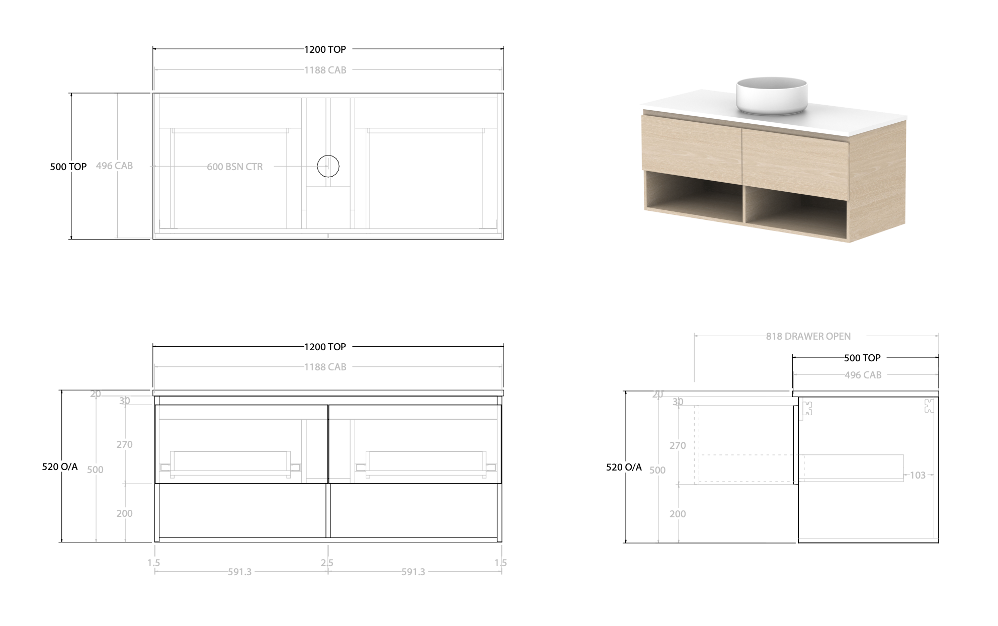 ADP Glacier Full Depth Shelf Wall Hung Vanity - Pro – Wellsons