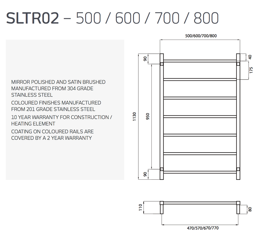Radiant Heating Square Bars Non Heated Towel Rails Matte Black 700 x 1130