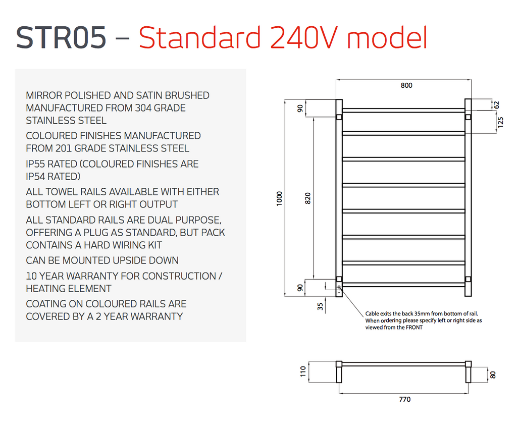 Radiant Heating Square Bars 240V Heated Towel Rails Matte Black 800 x 1000