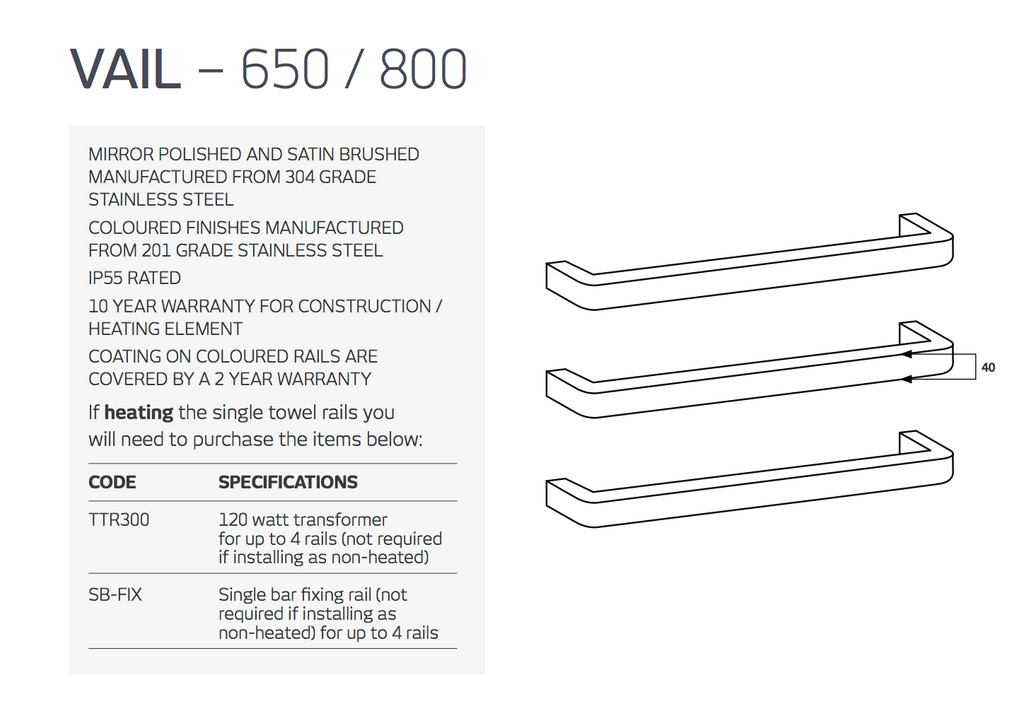 Radiant Heating Curved Edge Single Bar 12V Heated Towel Rail Matte Black 800