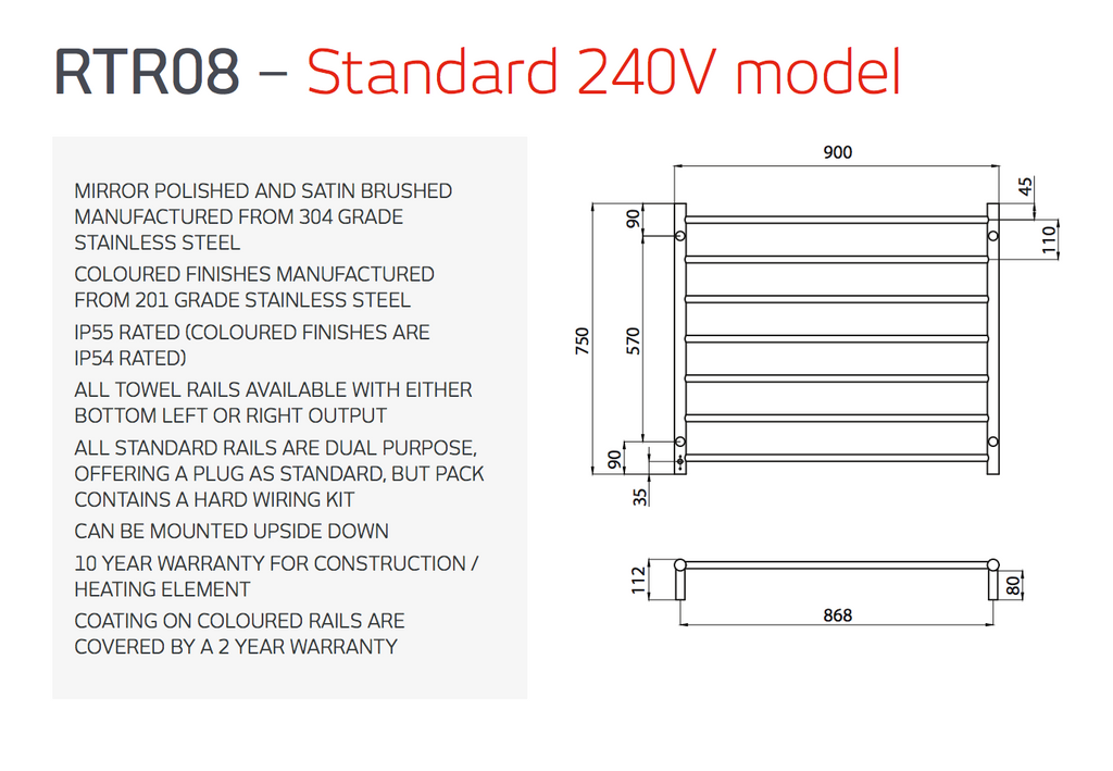 Radiant Heating Round Bars 240V Heated Towel Rails Matte Black 900 x 750