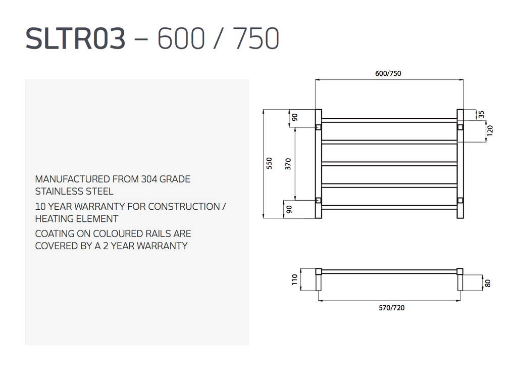 Radiant Heating Square Bars Non Heated Towel Rails Polished 750 x 550