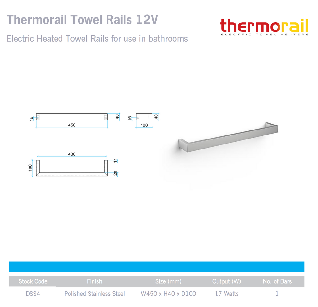 Thermogroup Square Single Bar Heated Towel Rail - Stainless steel 450