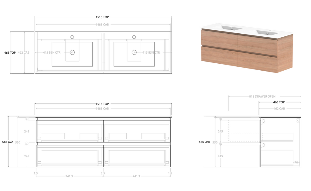 ADP Glacier All Drawer Twin Wall Hung Vanity - Lite