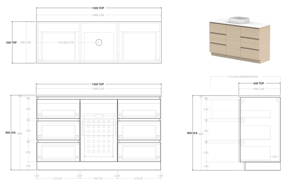 ADP Glacier Hamper Trio With Solid Surface Top - Lite