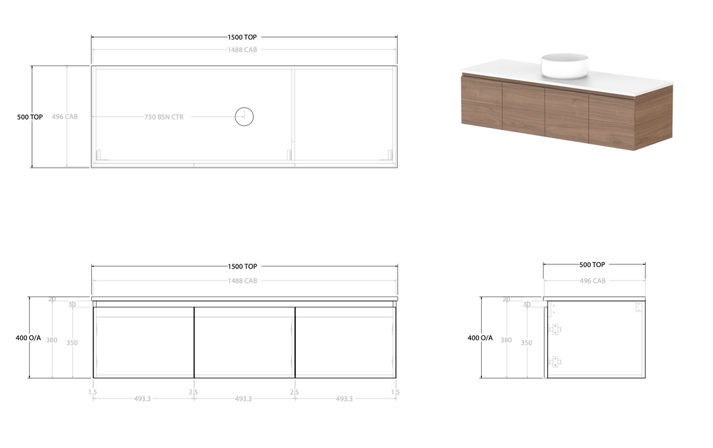 ADP Glacier Full Depth All Door Slim Wall Hung Vanity - Pro
