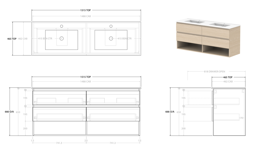 ADP Glacier Full Depth Shelf Wall Hung Vanity - Lite