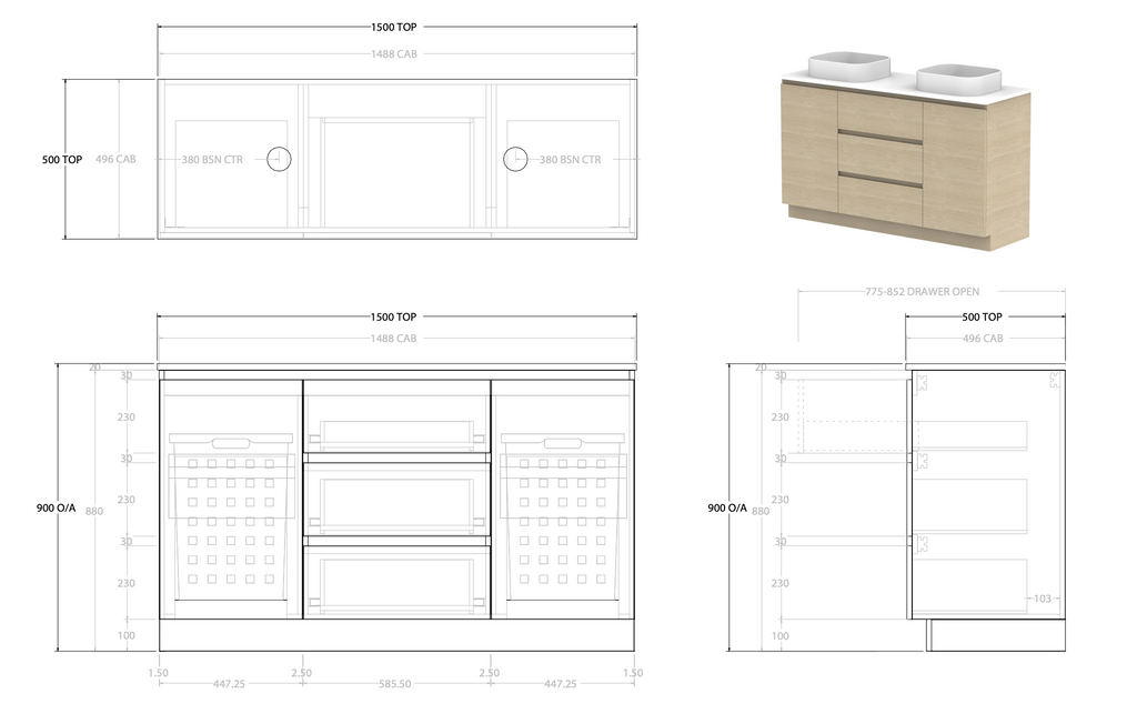 ADP Glacier Hamper Trio With Solid Surface Top - Lite