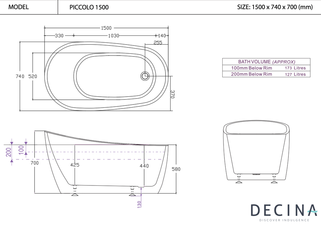Decina Piccolo Freestanding Bath 1500mm - Black