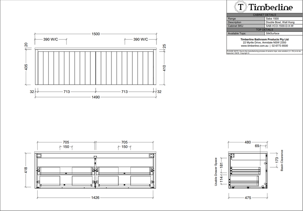 Timberline Saba Wall Hung Vanity With Above Counter Basin