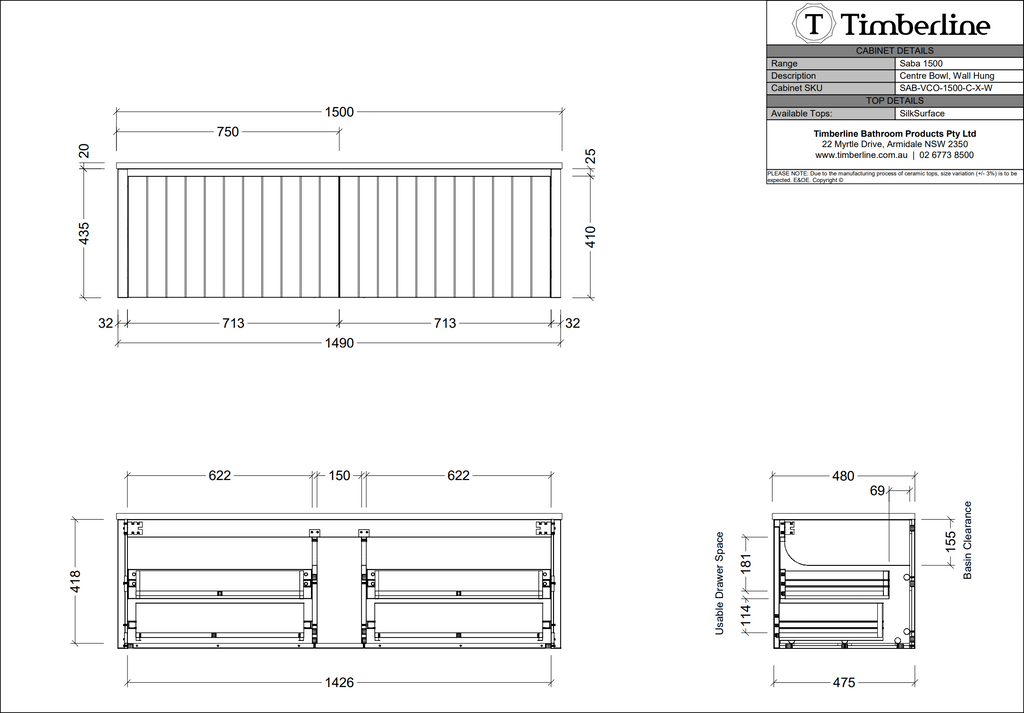 Timberline Saba Wall Hung Vanity With Under Counter Basin