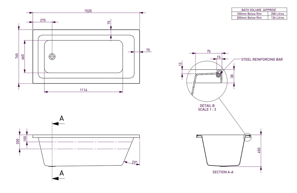 Decina Cortez Inset Bath 1520/1670mm - Gloss White