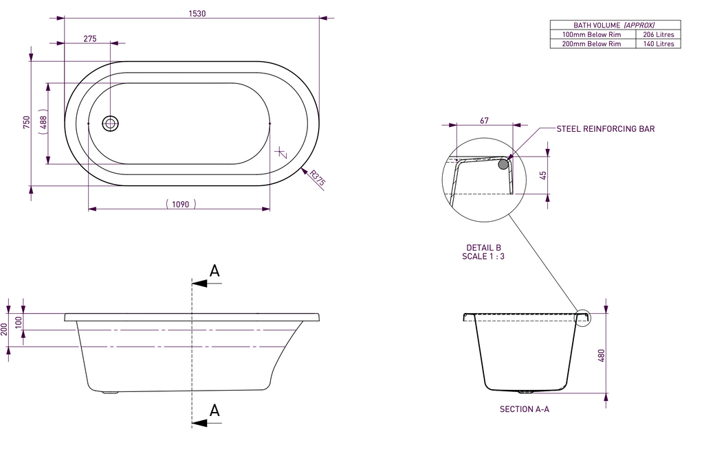 Decina Uno Inset Island Bath 1530/1700mm - Gloss White