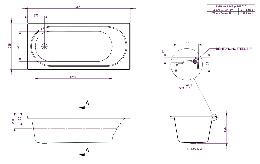 Decina Turin Dolce Vita 16 Jet Spa Inset Bath 1510/1665/1790mm - Gloss White
