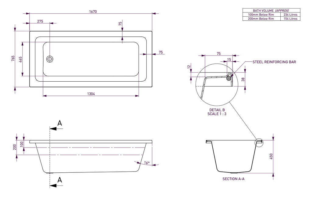 Decina Cortez Inset Bath 1520/1670mm - Gloss White