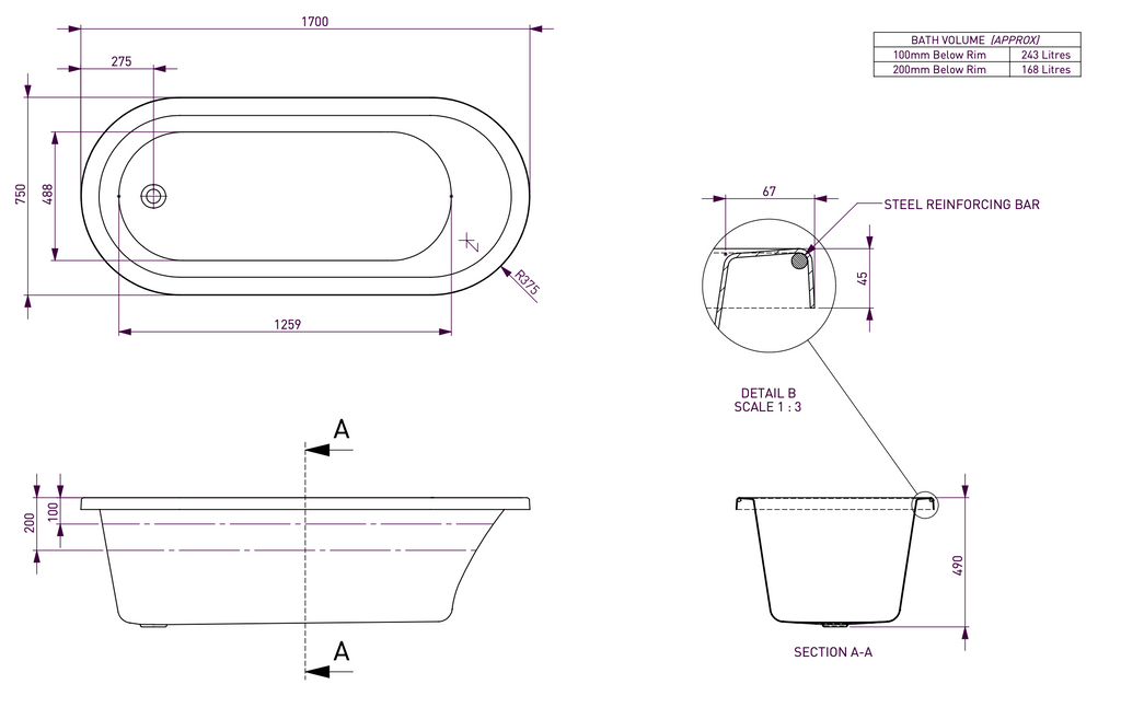 Decina Uno Inset Island Bath 1530/1700mm - Gloss White