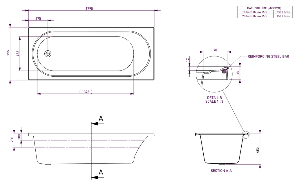 Decina Turin Dolce Vita 16 Jet Spa Inset Bath 1510/1665/1790mm - Gloss White