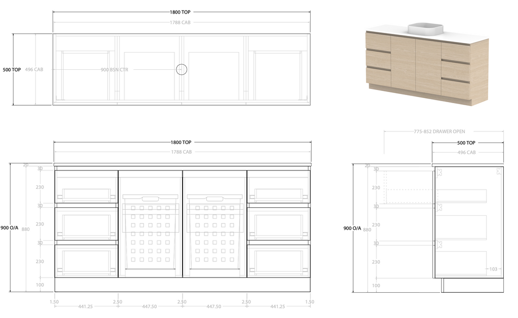 ADP Glacier Hamper Trio With Solid Surface Top - Lite