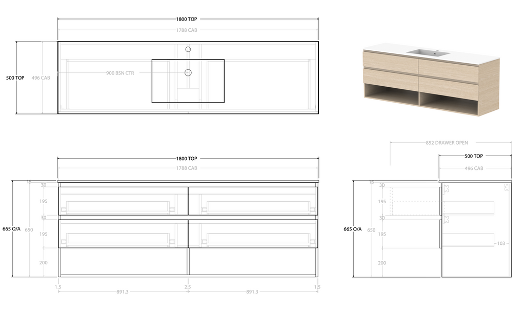ADP Glacier Full Depth Shelf Wall Hung Vanity - Lite