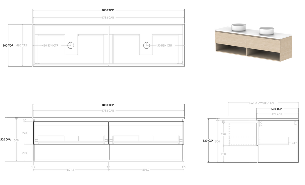 ADP Glacier Full Depth Shelf Wall Hung Vanity - Pro