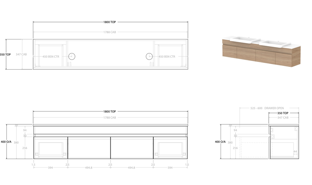 ADP Glacier Semi Recessed Door & Drawer Wall Hung Vanity Slim - Pro
