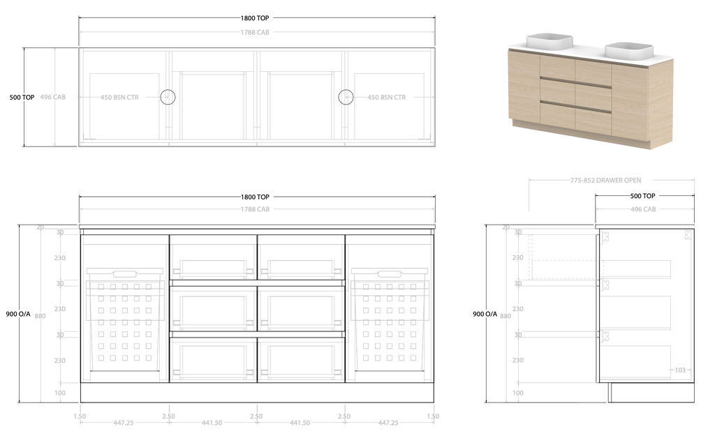 ADP Glacier Hamper Trio With Solid Surface Top - Lite
