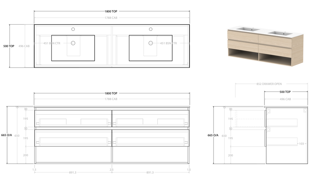 ADP Glacier Full Depth Shelf Wall Hung Vanity - Lite